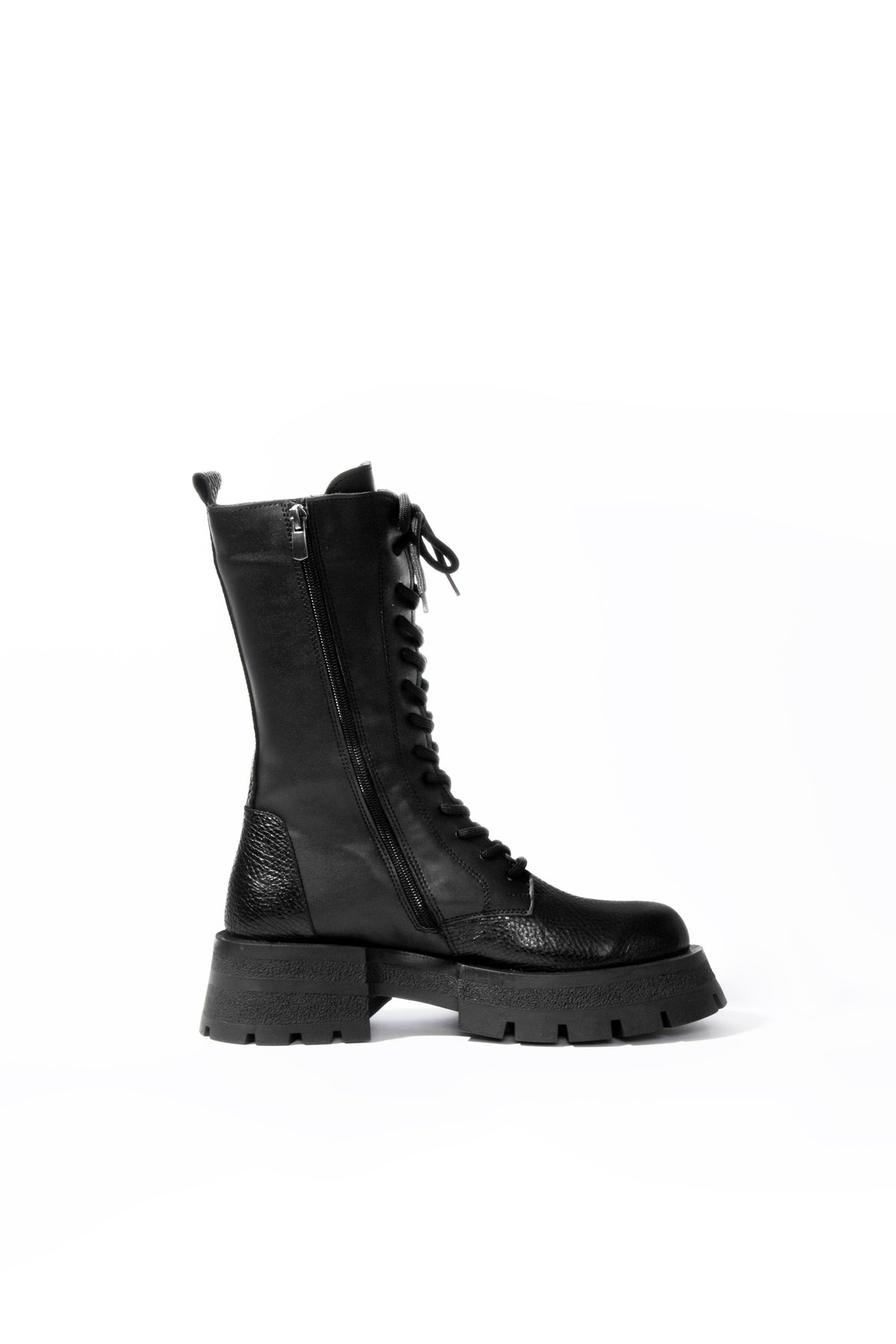 Genny Black Chunky Sole Leather Combat Boots