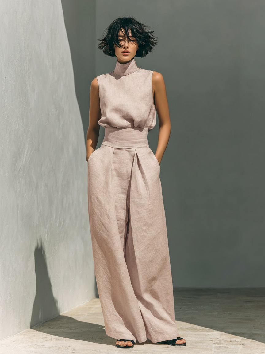 Conjunto Maria Completo con Top Cuello Alto y Pantalón Ancho de Algodón y Lino