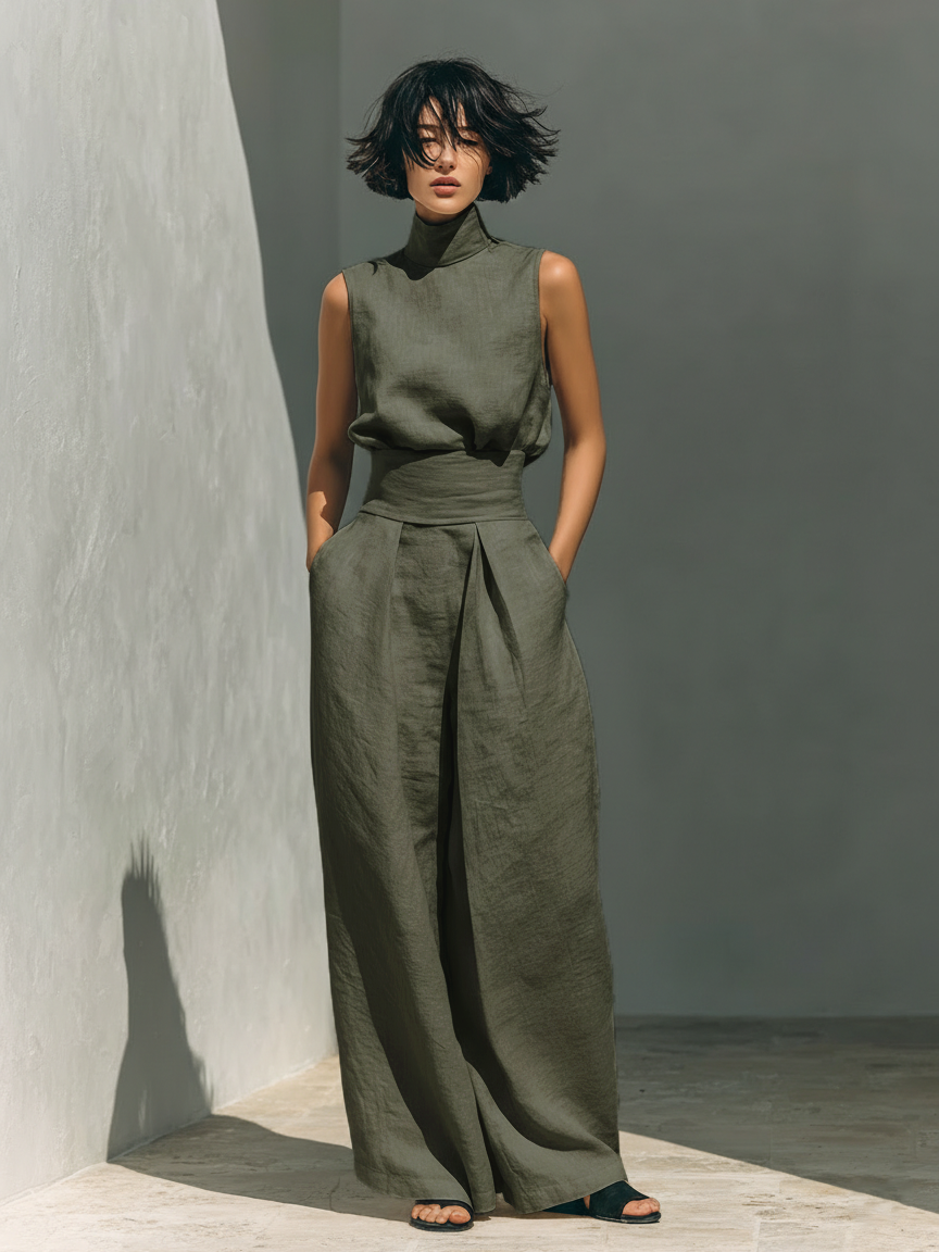 Conjunto Maria Completo con Top Cuello Alto y Pantalón Ancho de Algodón y Lino