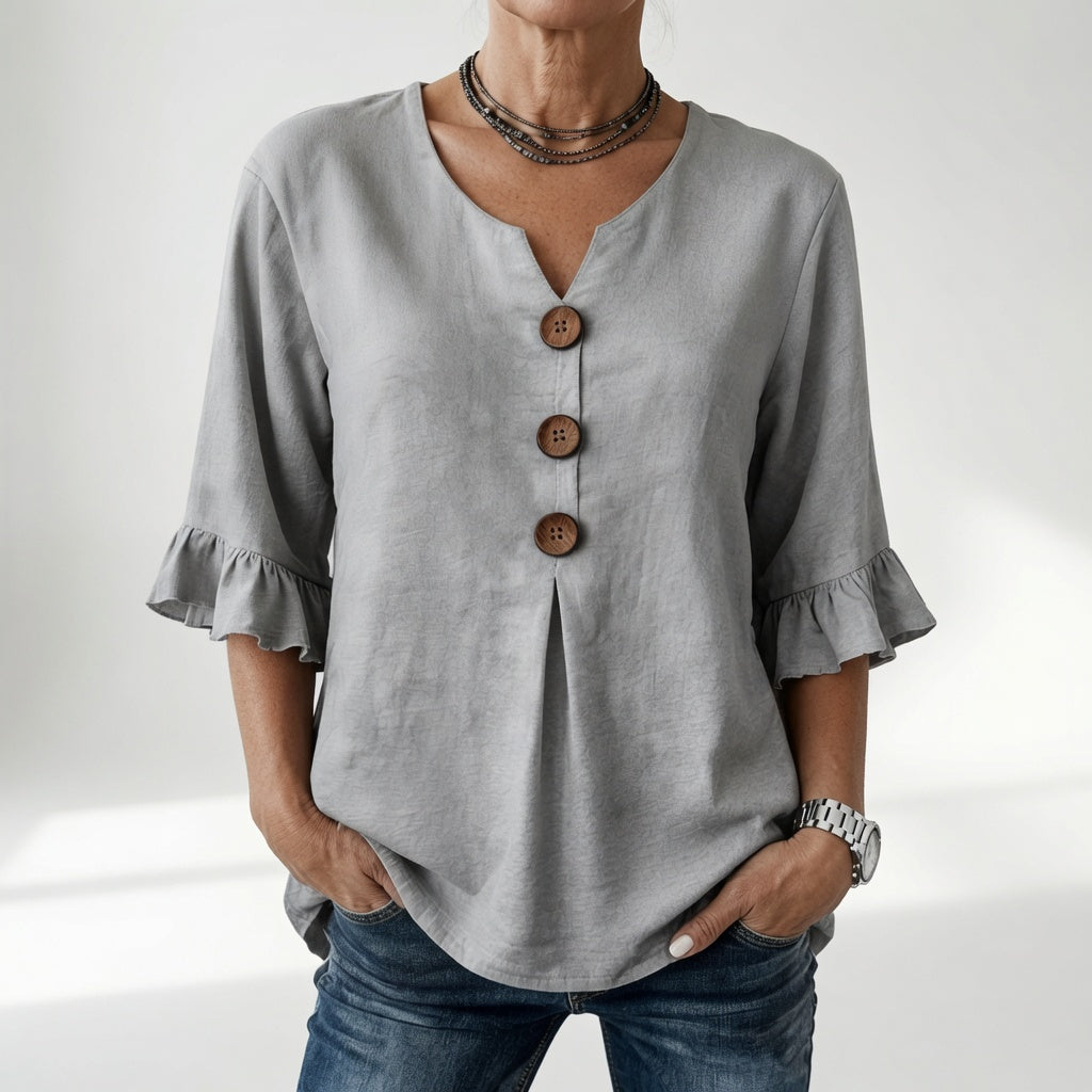 Rosanne | Blusa de Cuello V con Botones y Mangas de Volantes