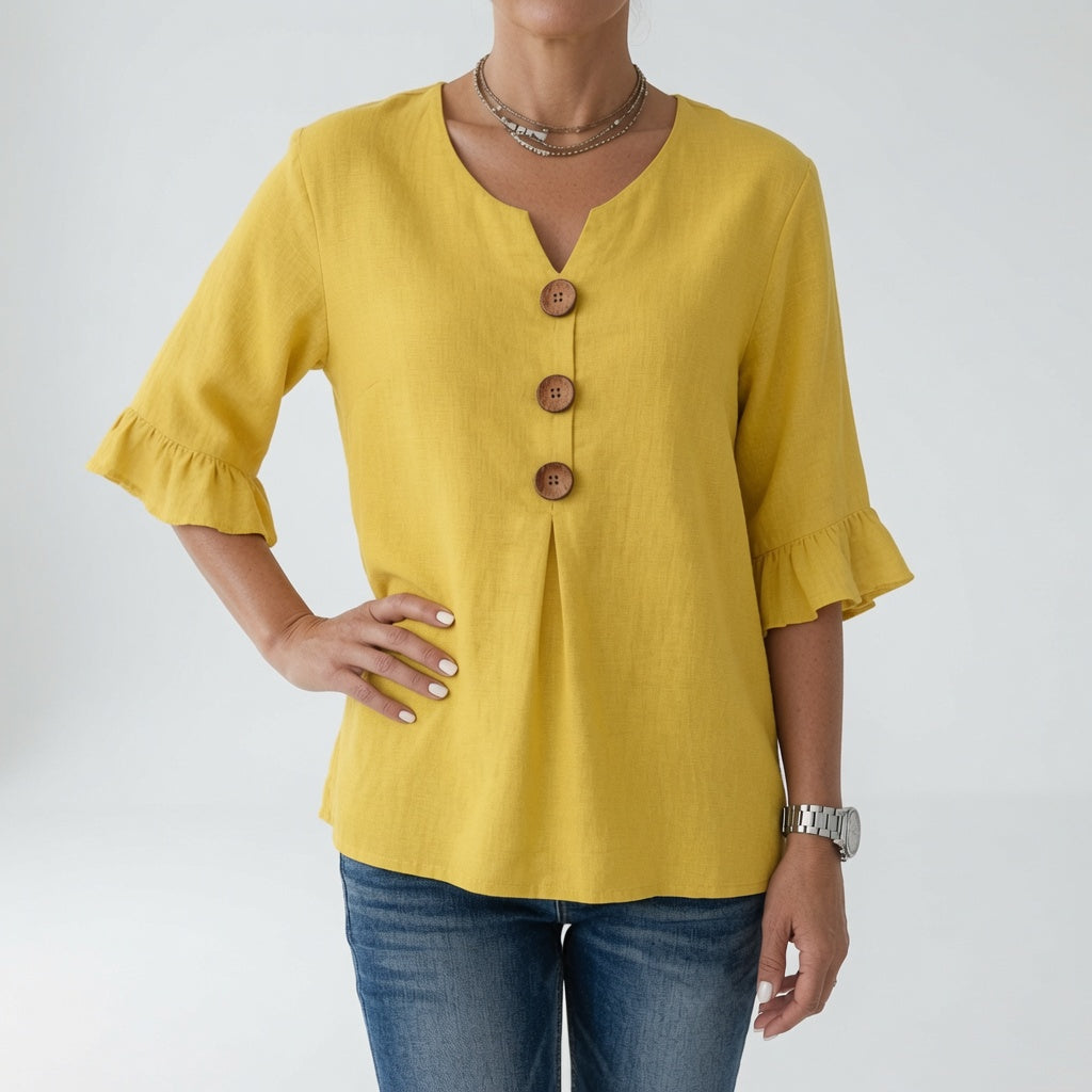 Rosanne | Blusa de Cuello V con Botones y Mangas de Volantes