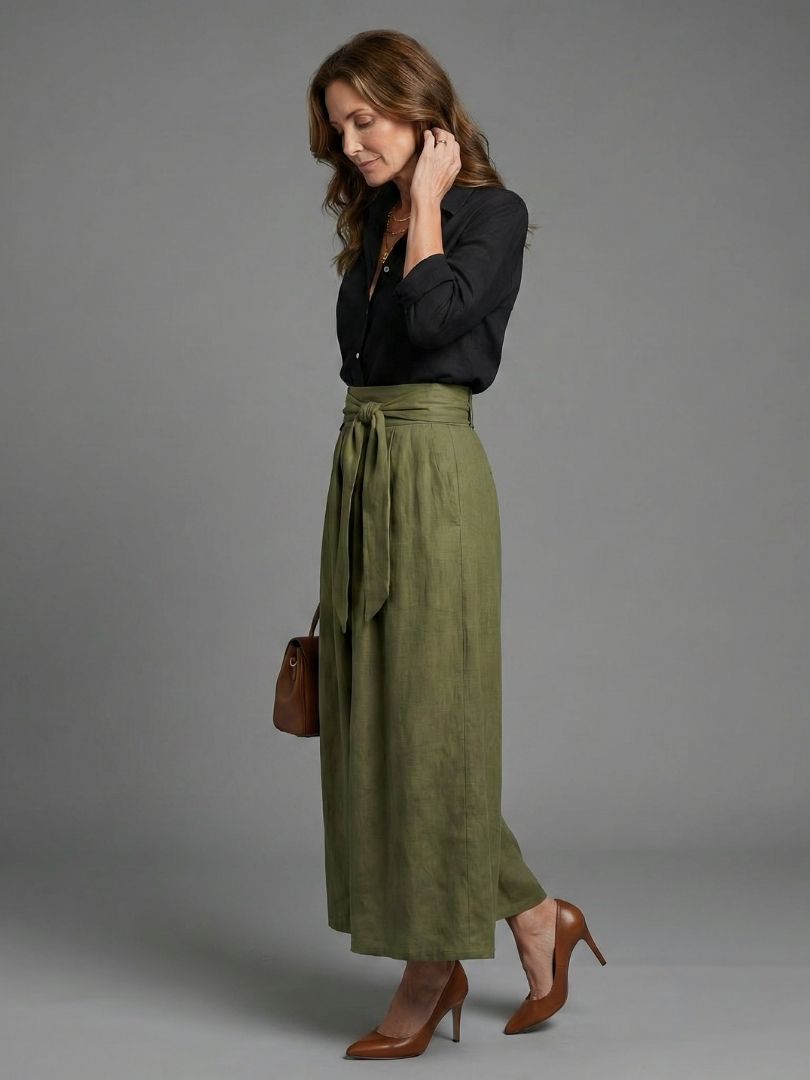Conjunto Vera de Dos Piezas Blusa Negra y Falda Midi Verde Oliva