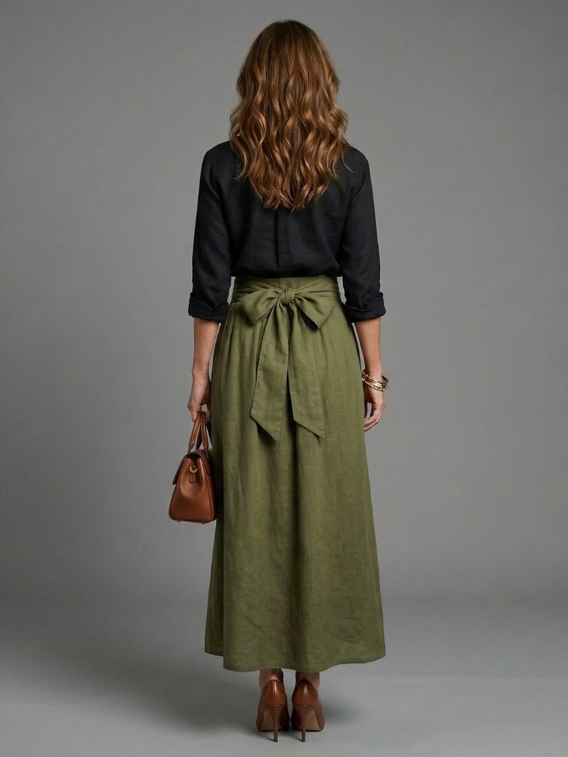 Conjunto Vera de Dos Piezas Blusa Negra y Falda Midi Verde Oliva