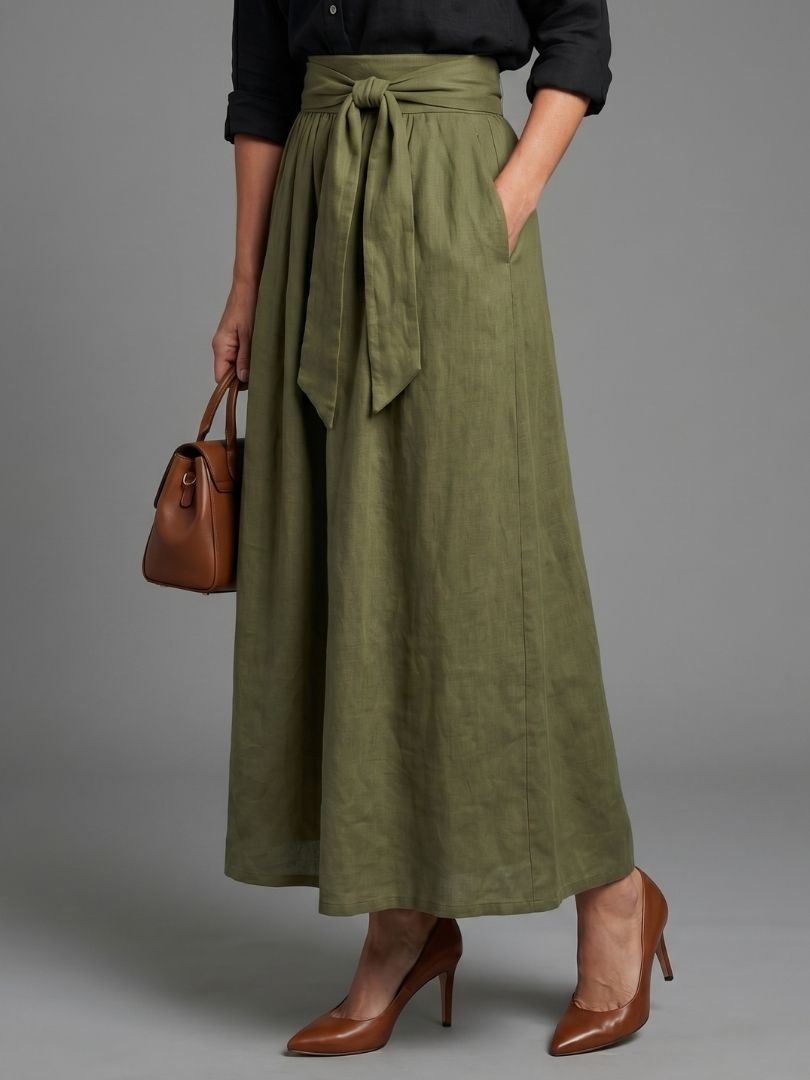 Conjunto Vera de Dos Piezas Blusa Negra y Falda Midi Verde Oliva