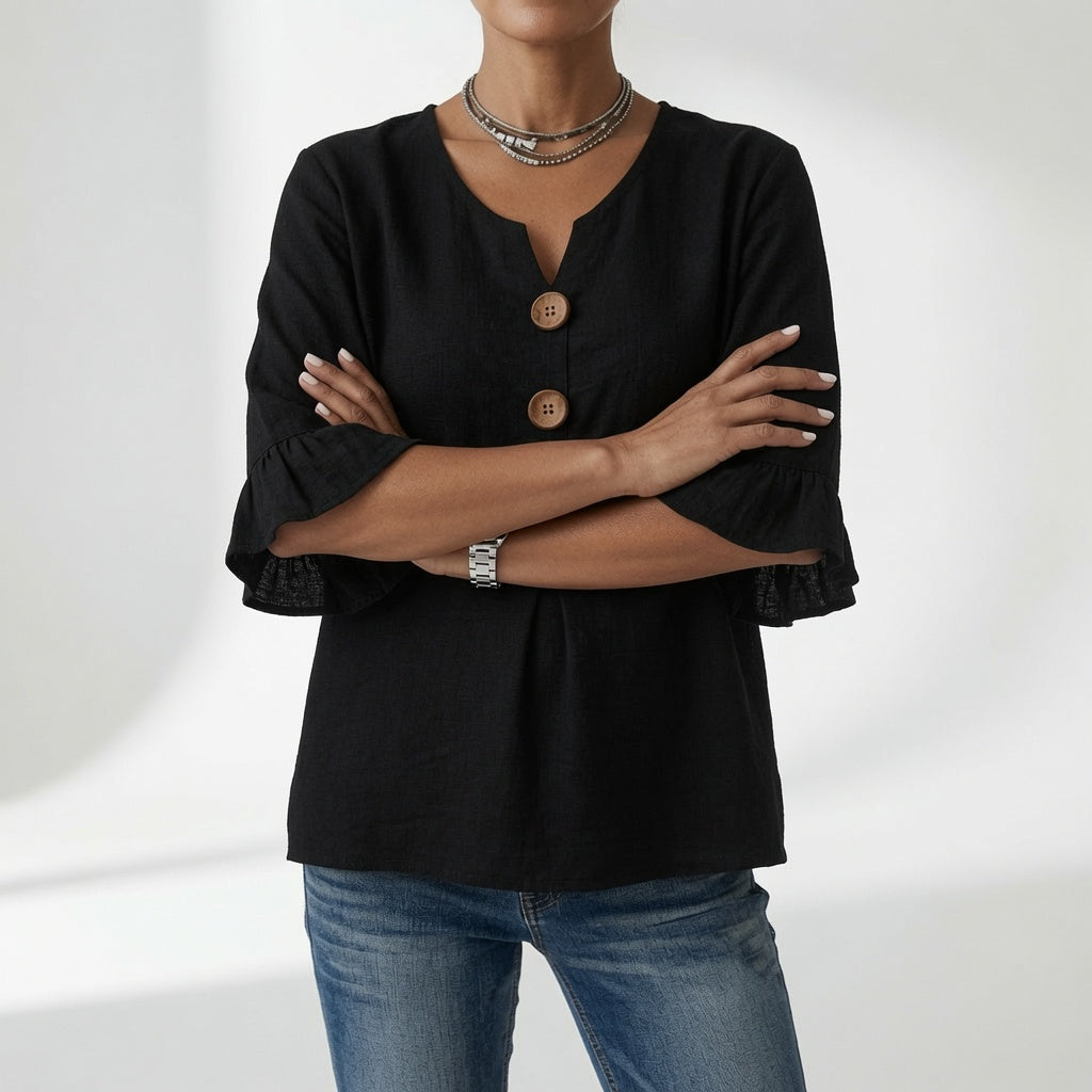 Rosanne | Blusa de Cuello V con Botones y Mangas de Volantes