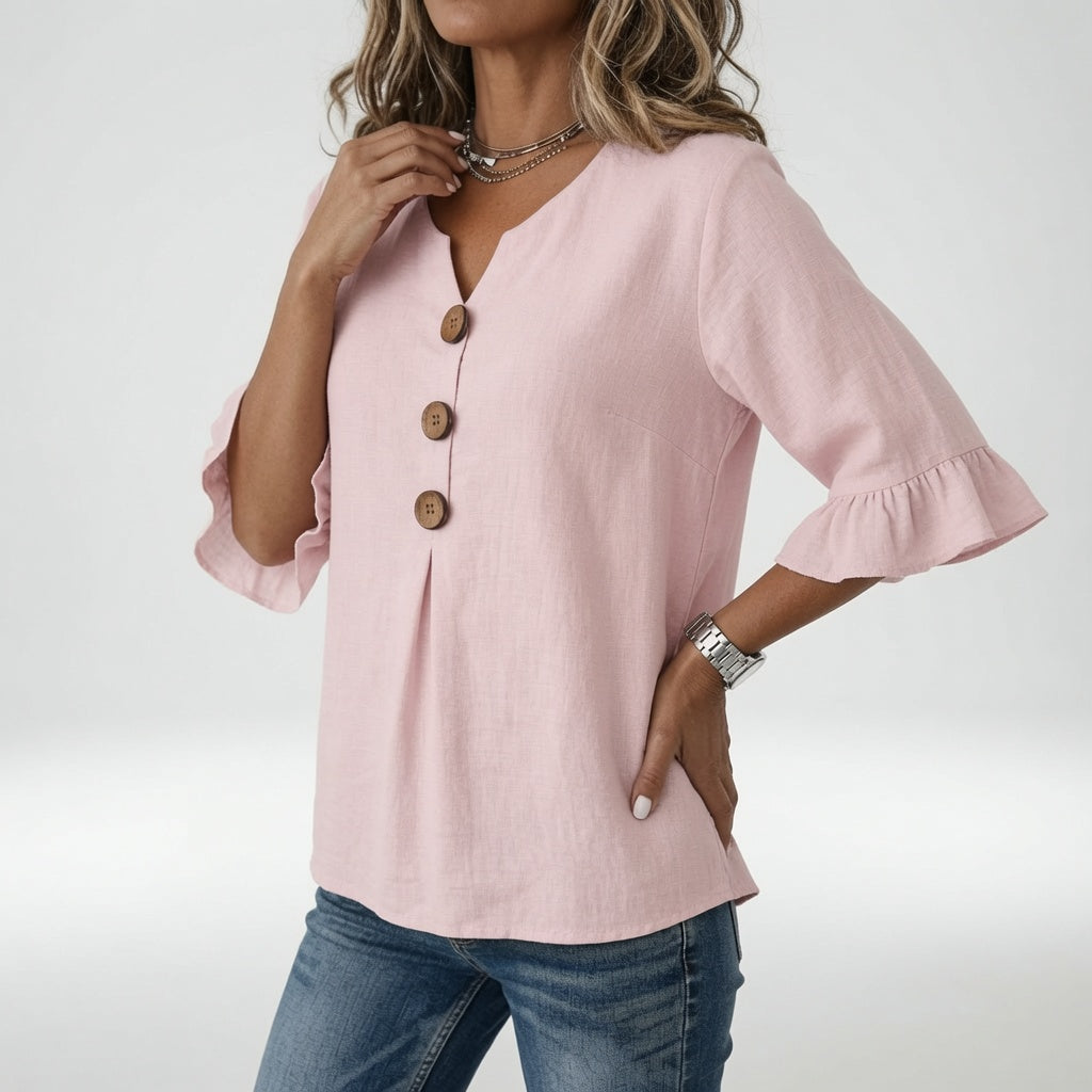Rosanne | Blusa de Cuello V con Botones y Mangas de Volantes