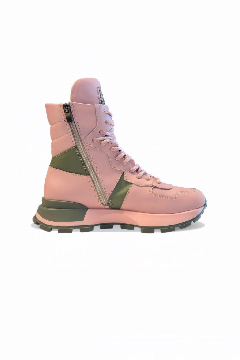 Pink Khaki Chunky Sole Leather Boots Tina4