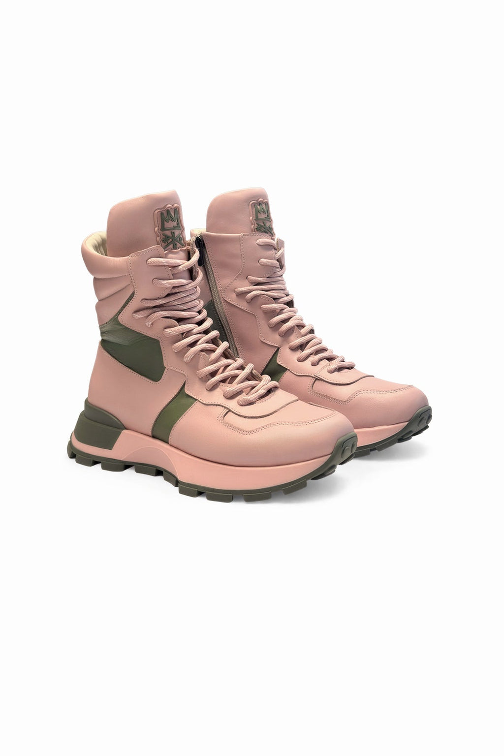 Pink Khaki Chunky Sole Leather Boots Tina4