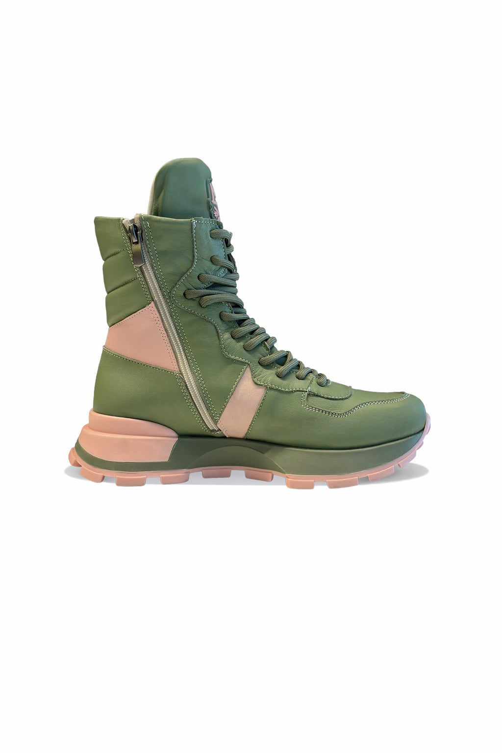 Khaki Pink Chunky Sole Leather Boots Tina4