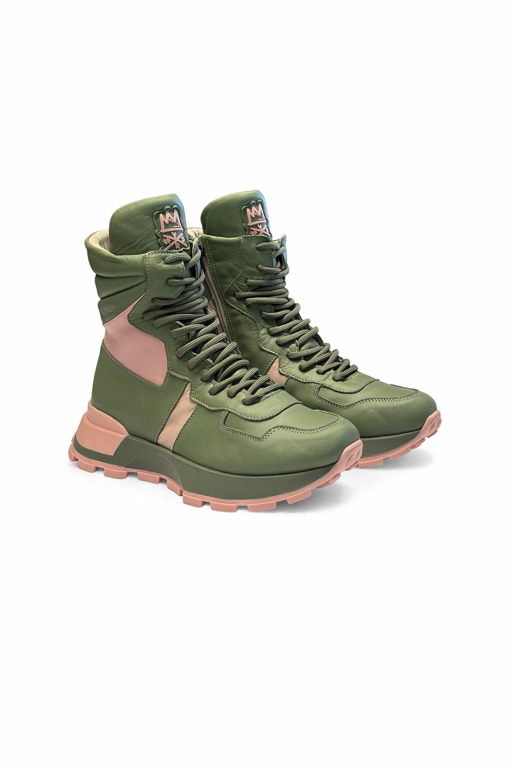 Khaki Pink Chunky Sole Leather Boots Tina4