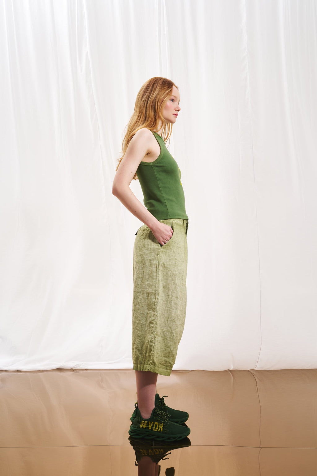 Olive Green Slogan Print Ribbed Tank Top 17016