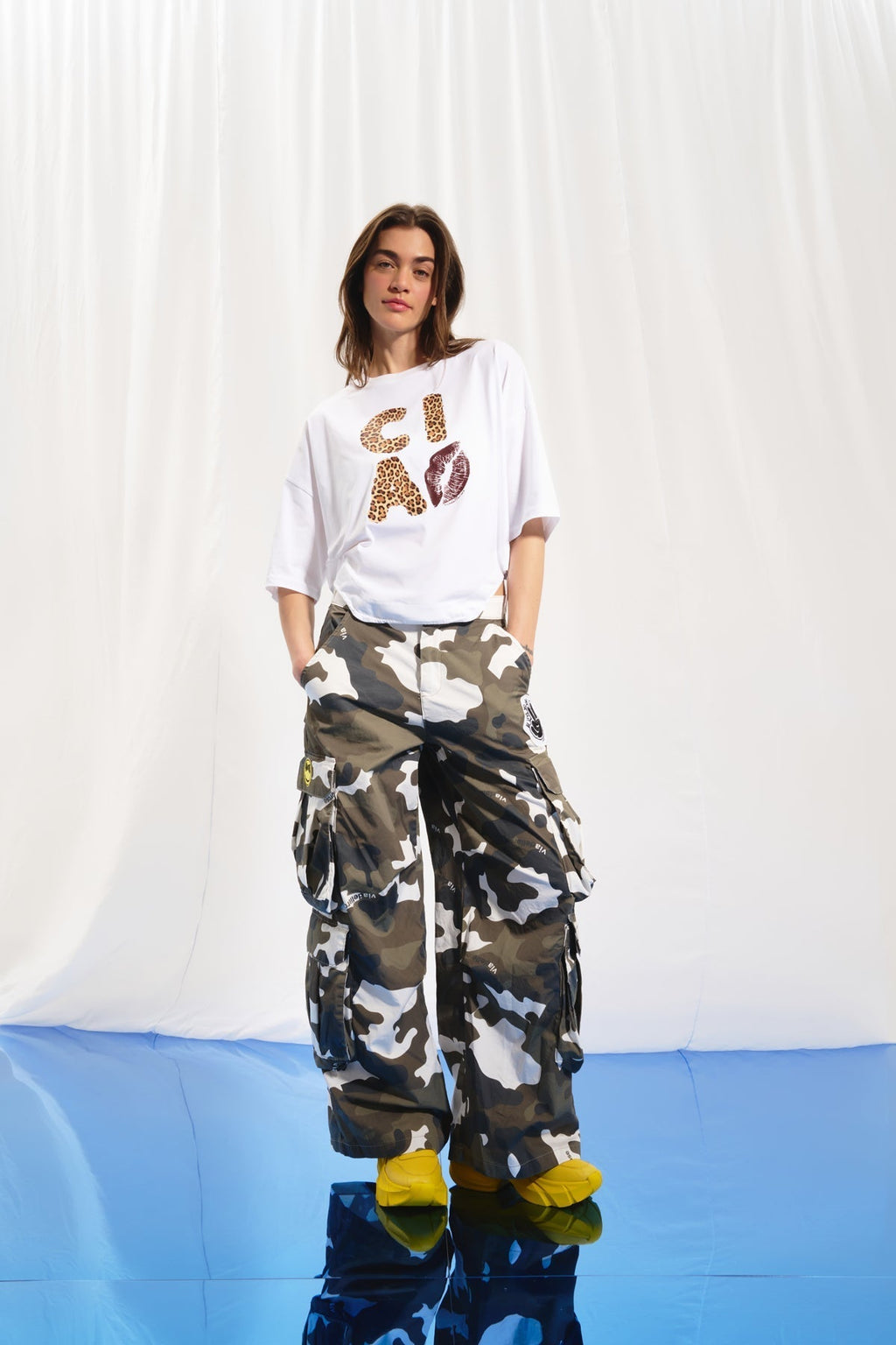 Khaki Camouflage Wide Leg Cargo Pants