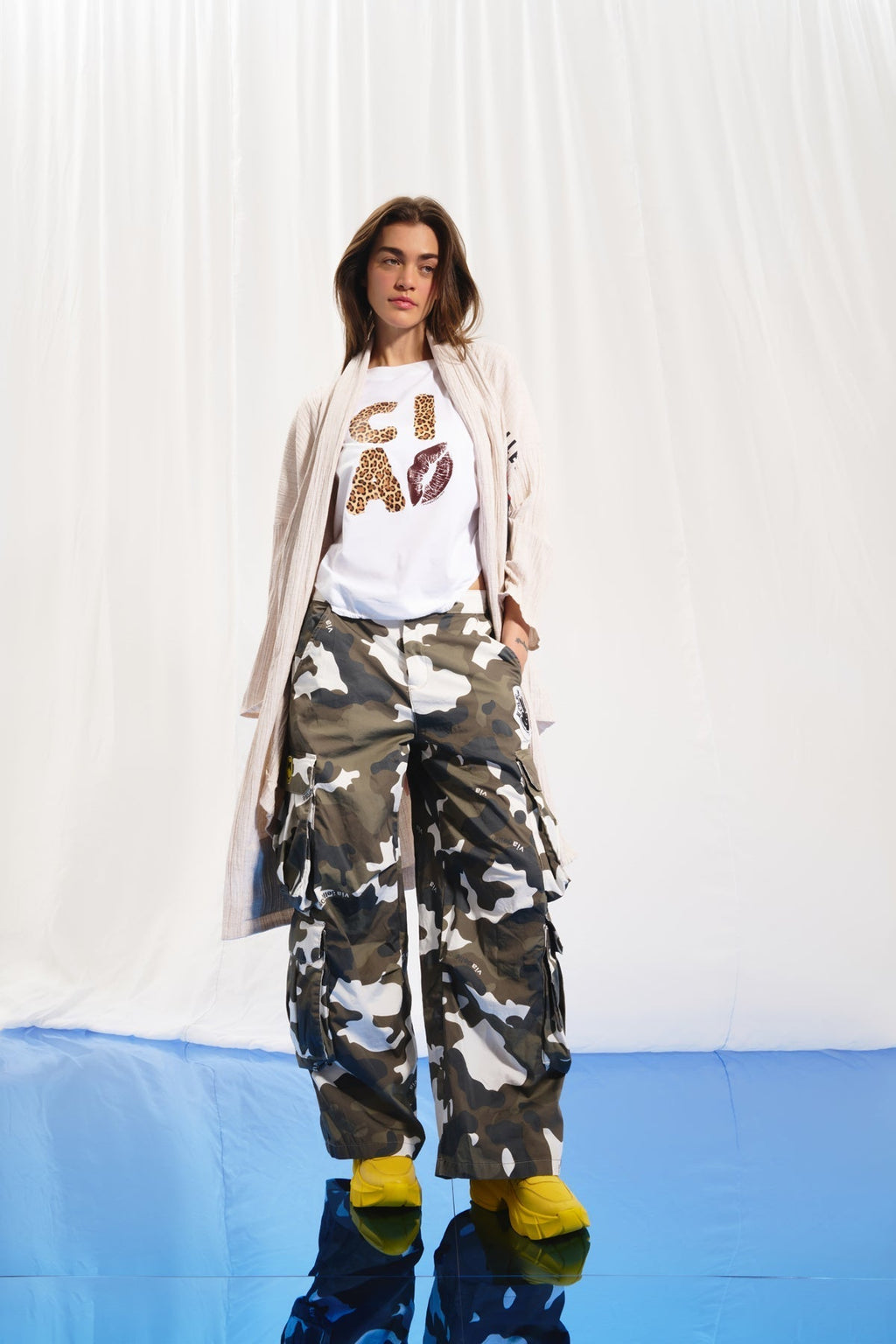 Khaki Camouflage Wide Leg Cargo Pants