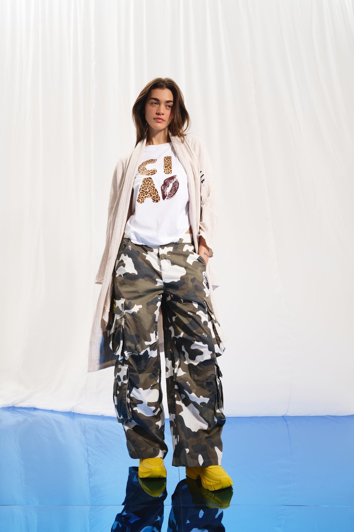 Khaki Camouflage Wide Leg Cargo Pants