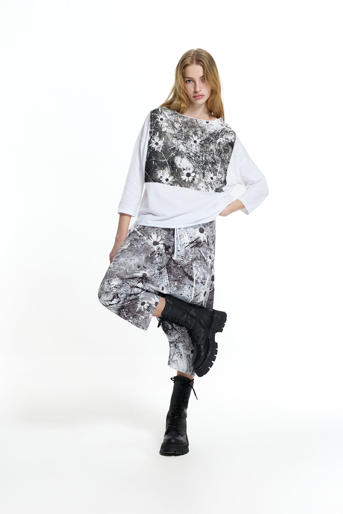 Drop-Crotch Floral Paint-Effect Bermuda Shorts