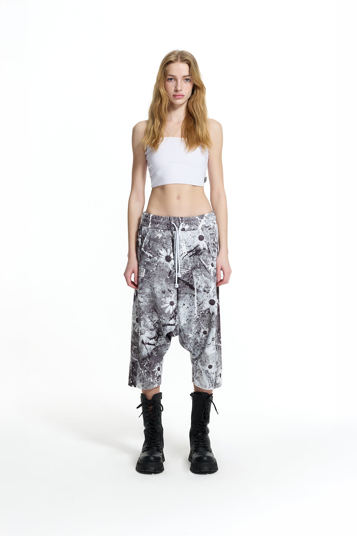 Drop-Crotch Floral Paint-Effect Bermuda Shorts