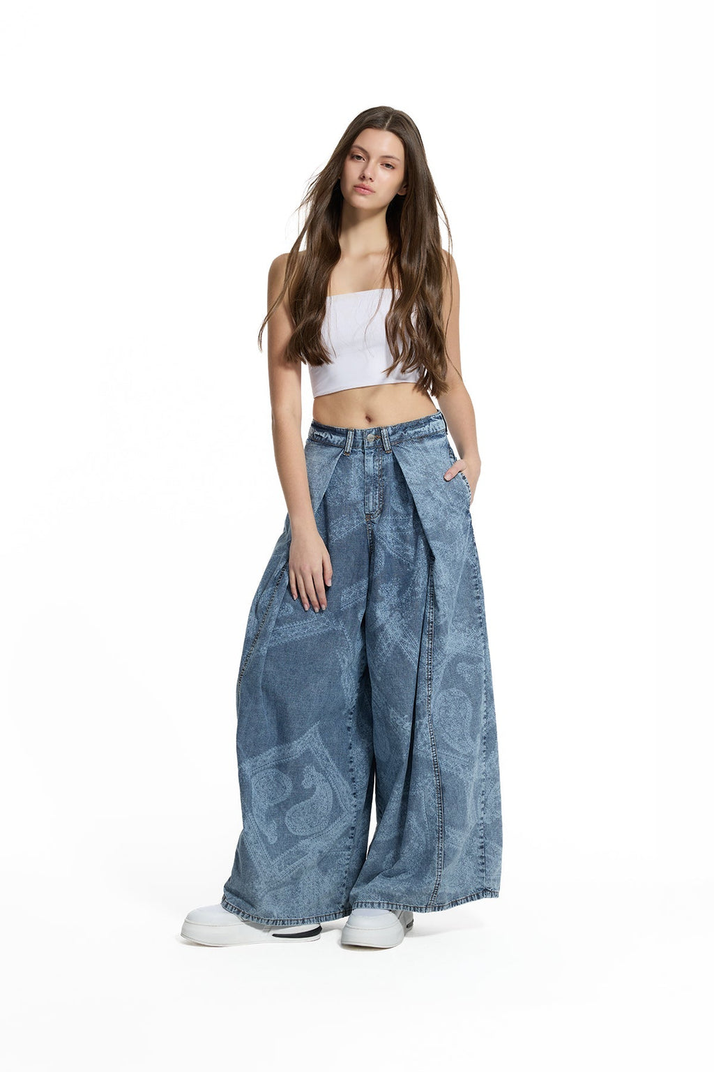 Pantalón Vaquero Pierna Ancha Estampado Lavado Azul