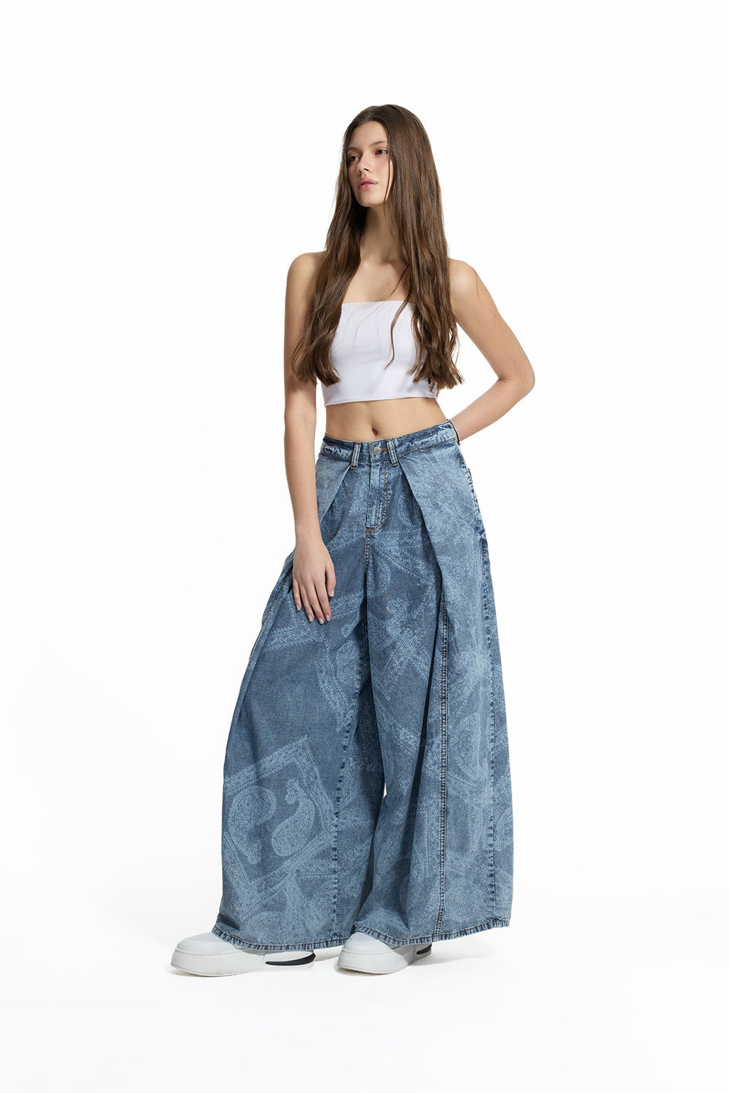 Pantalón Vaquero Pierna Ancha Estampado Lavado Azul