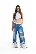 Pantalón Vaquero Pierna Ancha Desgastado Contraste Azul y Blanco Roto