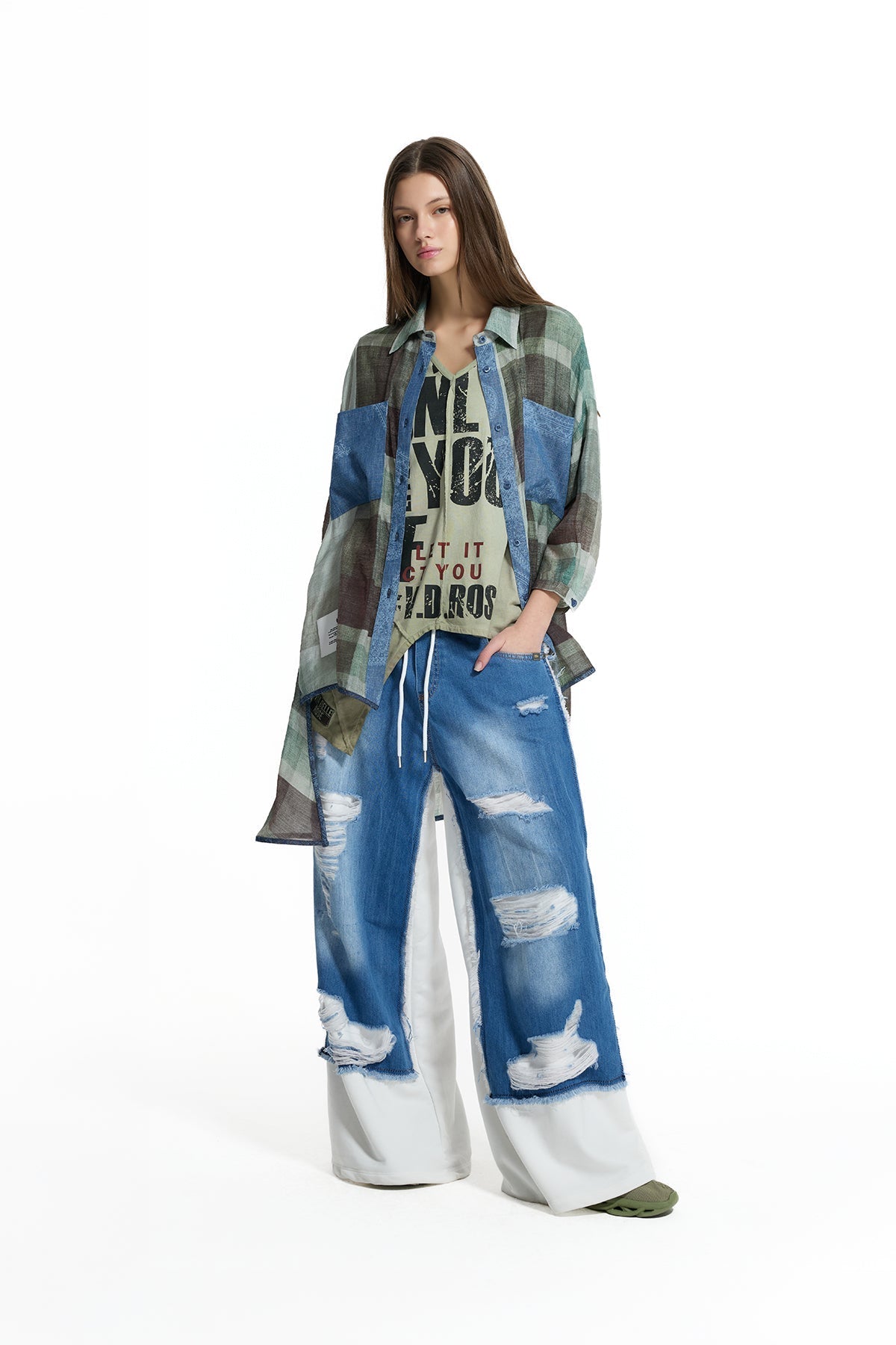 Blue and Off-White Contrast Distressed Wide-Leg Jeans