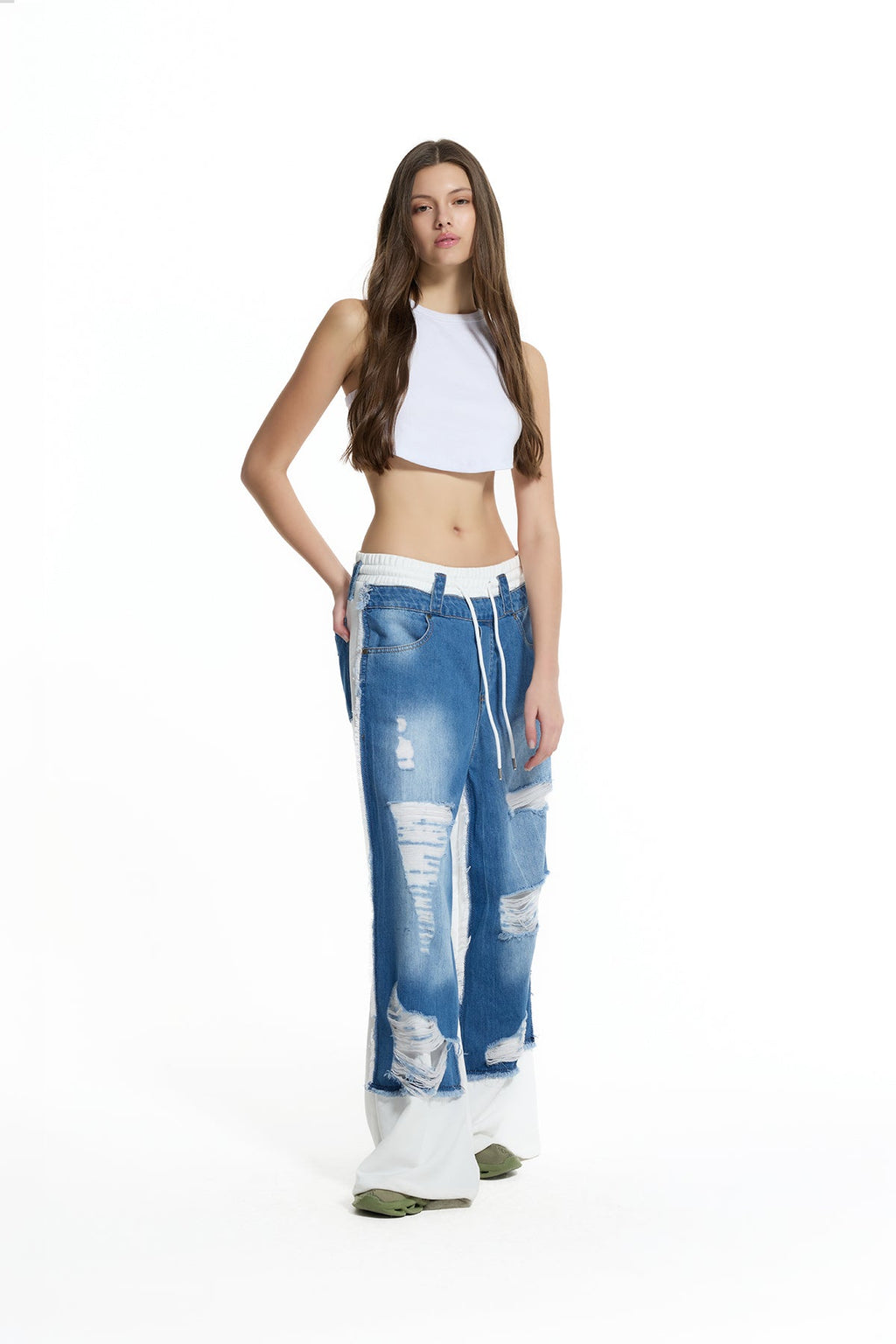 Pantalón Vaquero Pierna Ancha Desgastado Contraste Azul y Blanco Roto