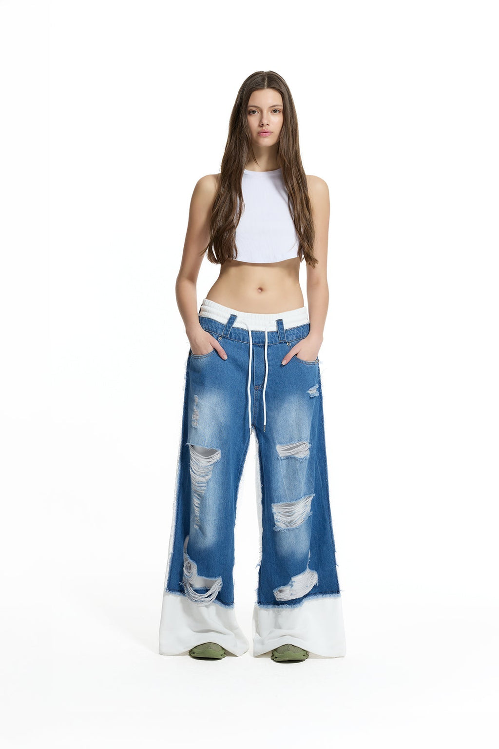 Pantalón Vaquero Pierna Ancha Desgastado Contraste Azul y Blanco Roto