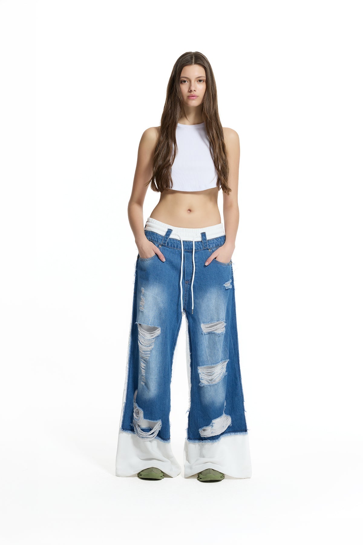 Blue and Off-White Contrast Distressed Wide-Leg Jeans