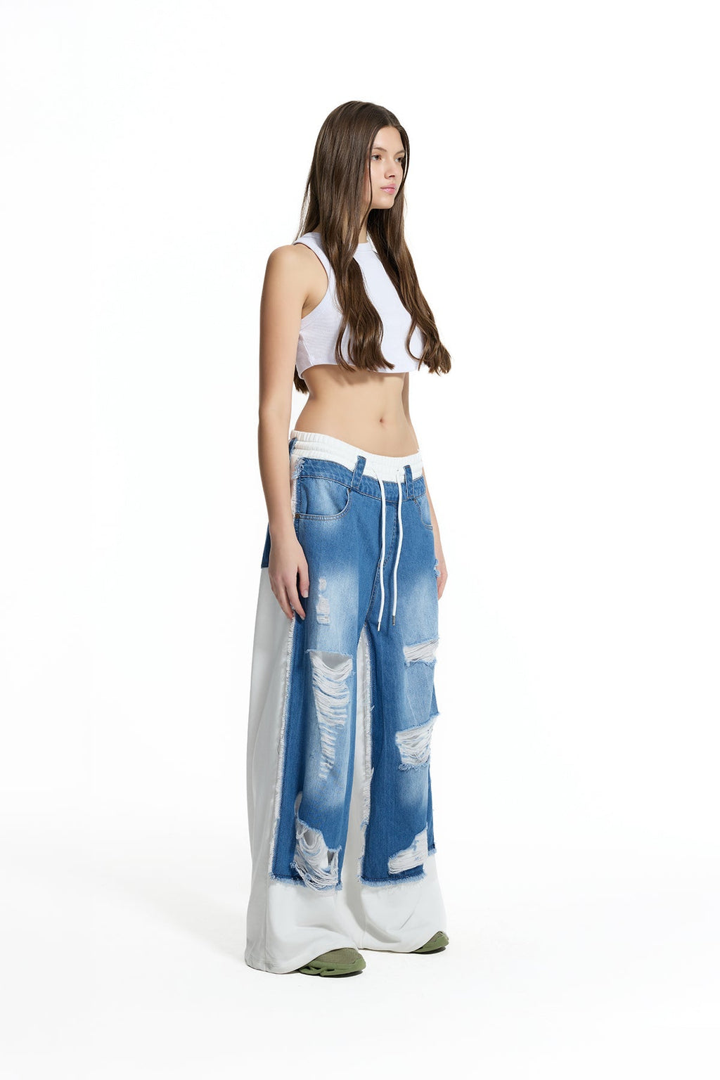 Pantalón Vaquero Pierna Ancha Desgastado Contraste Azul y Blanco Roto