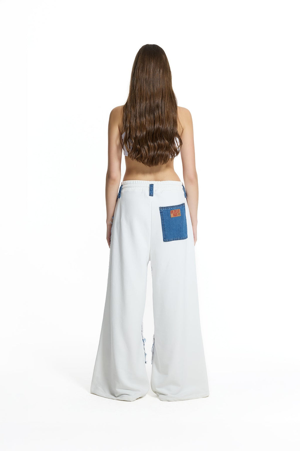 Pantalón Vaquero Pierna Ancha Desgastado Contraste Azul y Blanco Roto