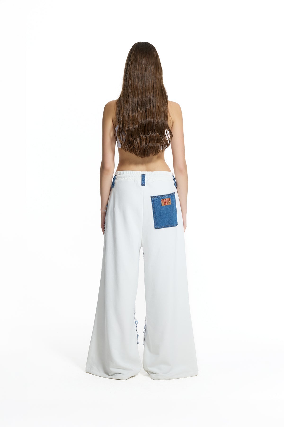Pantalón Vaquero Pierna Ancha Desgastado Contraste Azul y Blanco Roto