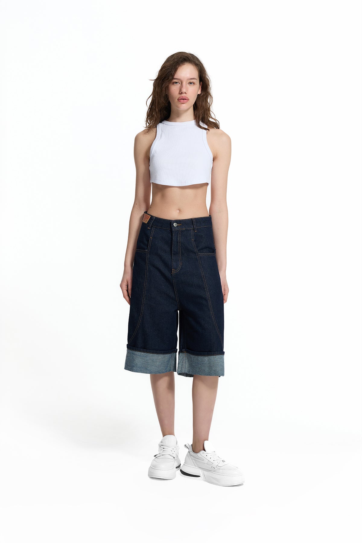 Blue Denim Loose Fit Bermuda Shorts with Hem
