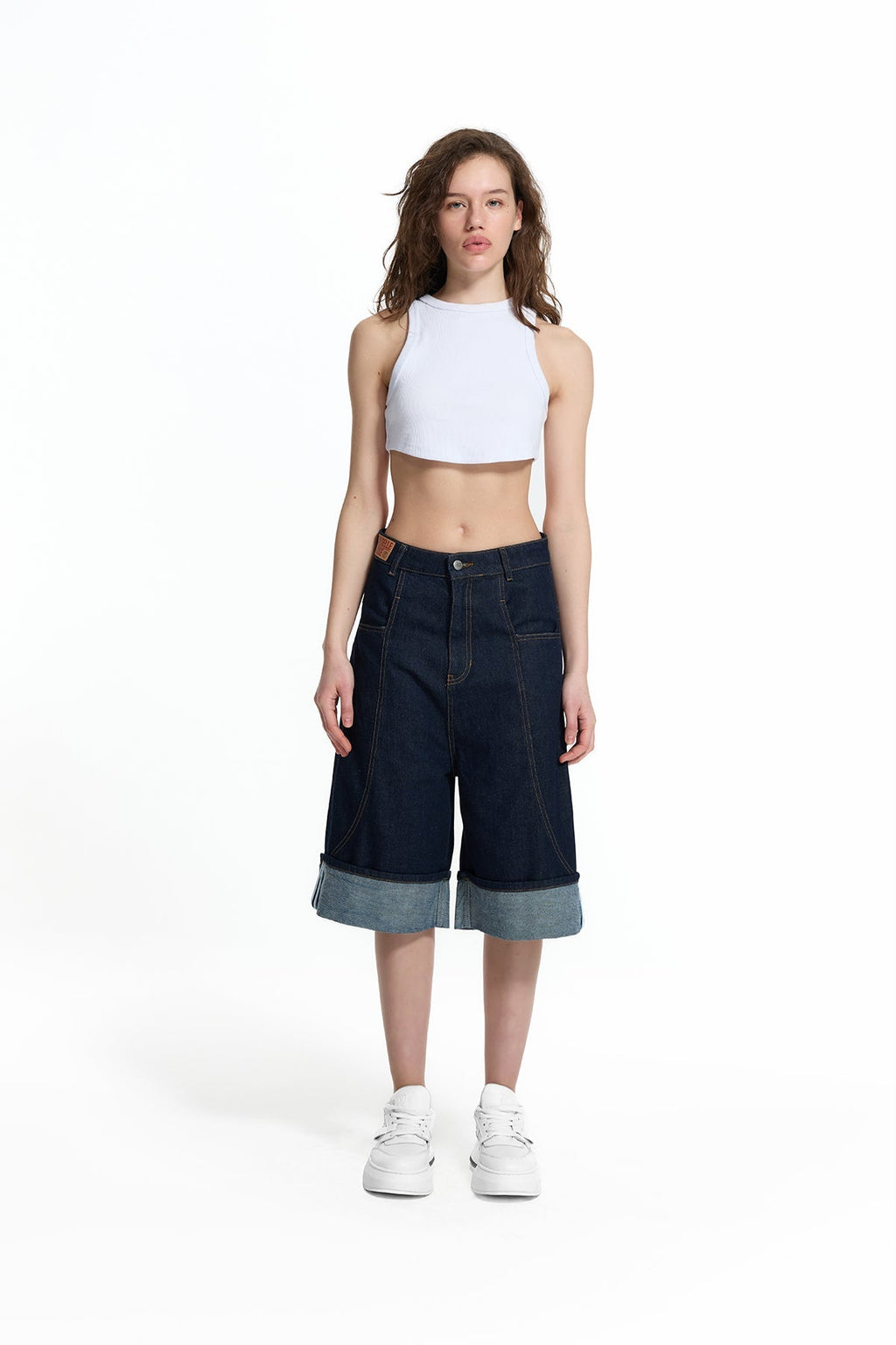 Bermudas Vaqueras Azules Corte Suelto con Dobladillo