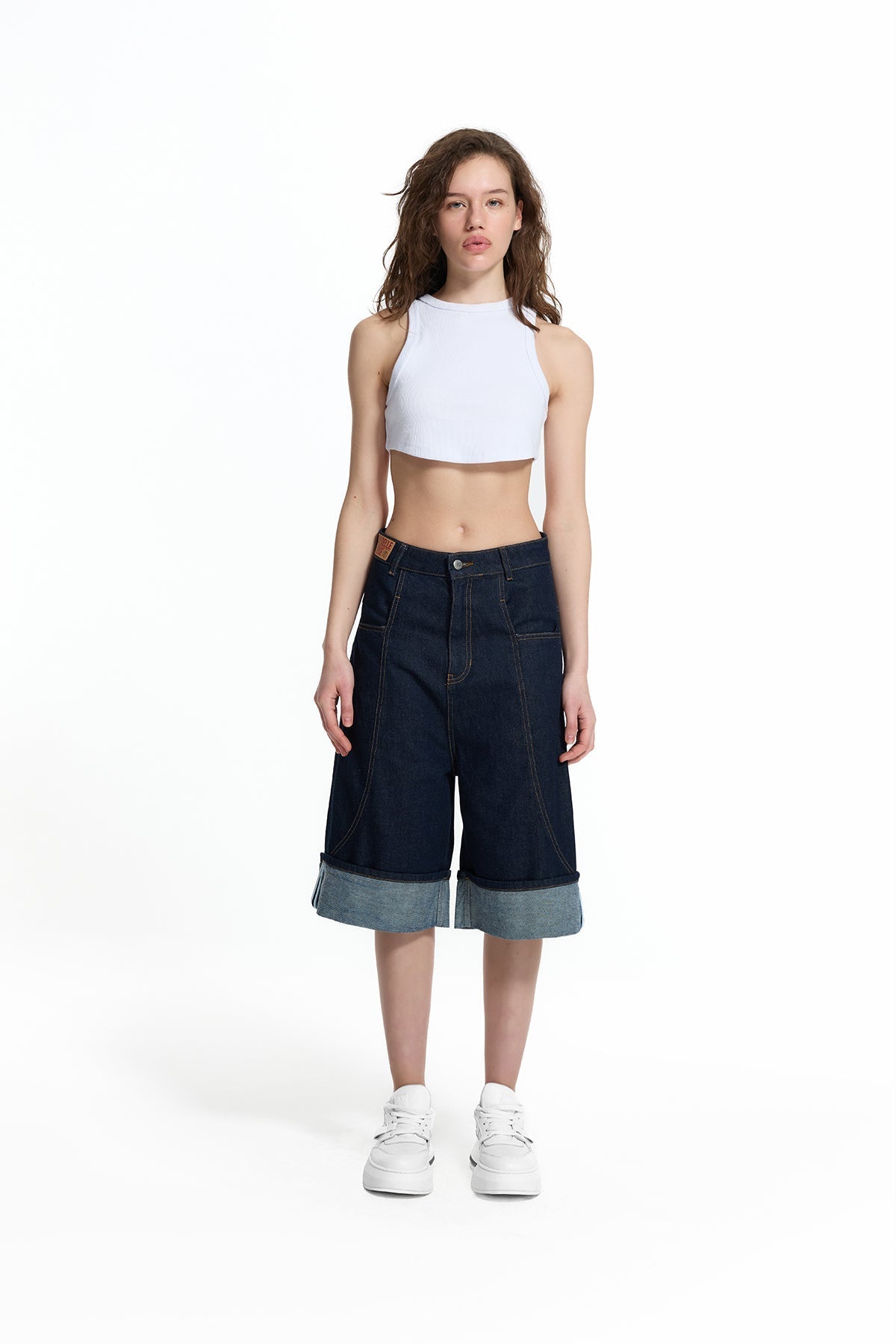 Blue Denim Loose Fit Bermuda Shorts with Hem