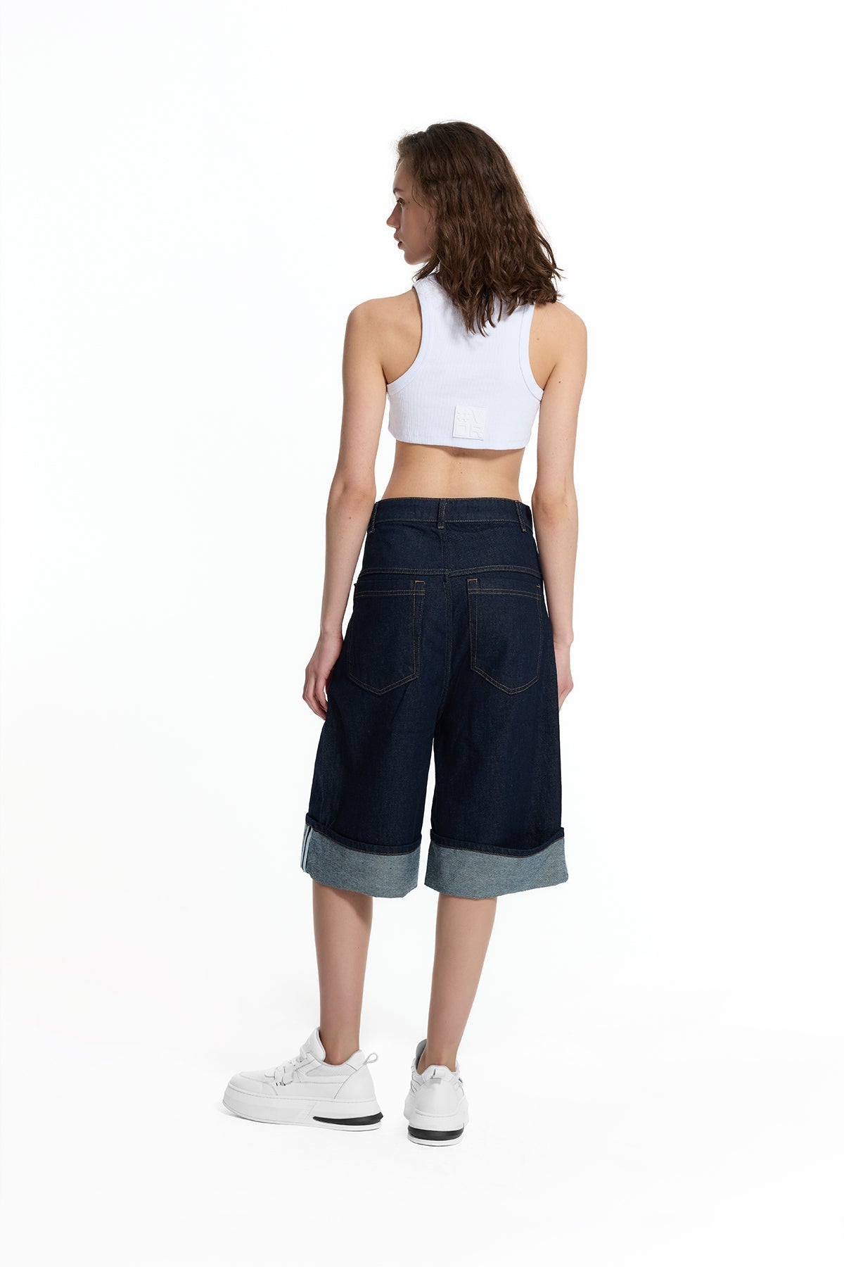 Blue Denim Loose Fit Bermuda Shorts with Hem