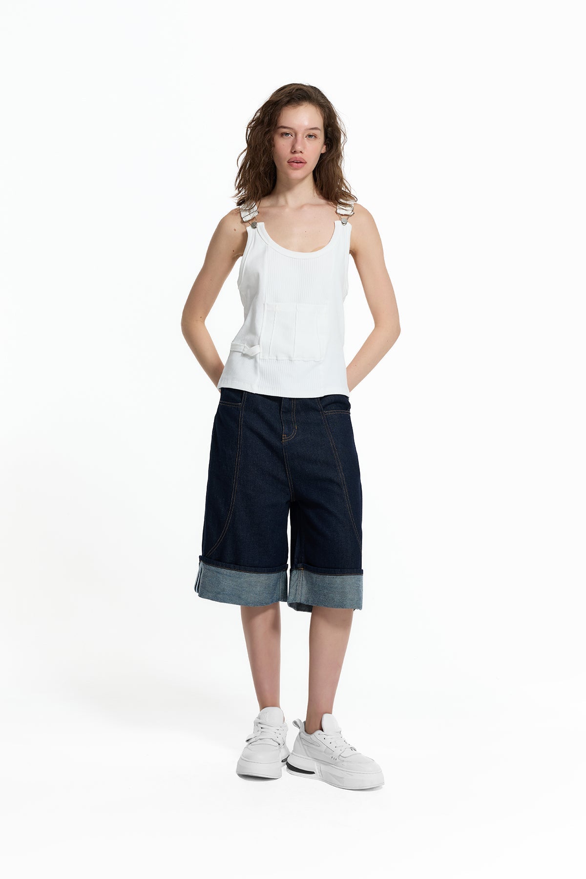 Bermudas Vaqueras Azules Corte Suelto con Dobladillo
