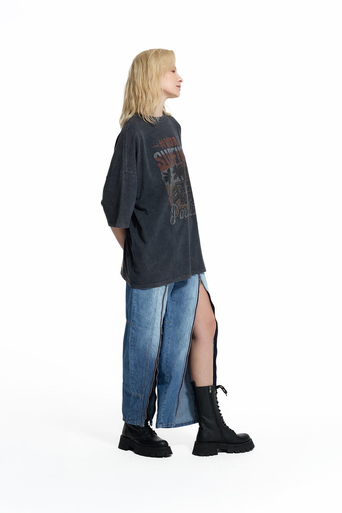 Pantalón Vaquero Tobillero con Cremallera y Rayas Azul