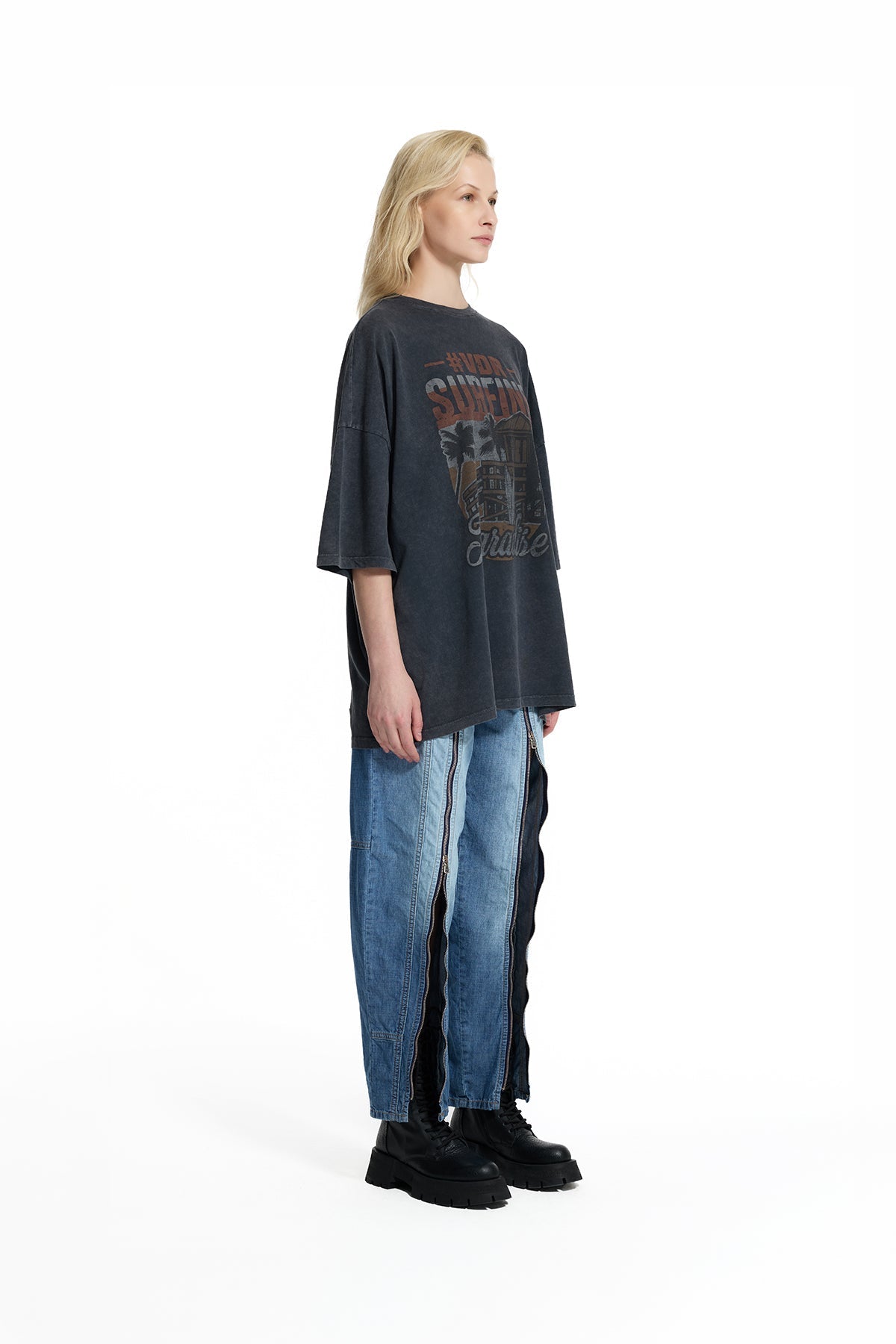 Pantalón Vaquero Tobillero con Cremallera y Rayas Azul