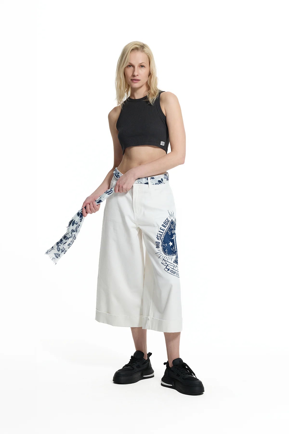 White Patch Print Belted Trousers