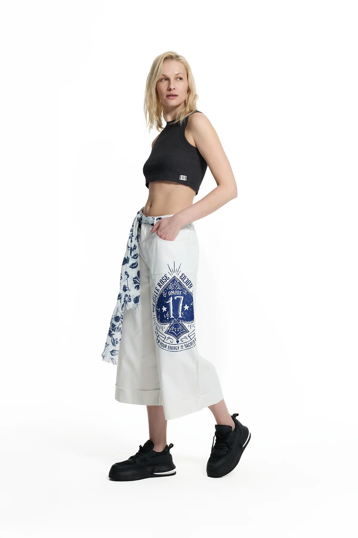 White Patch Print Belted Trousers