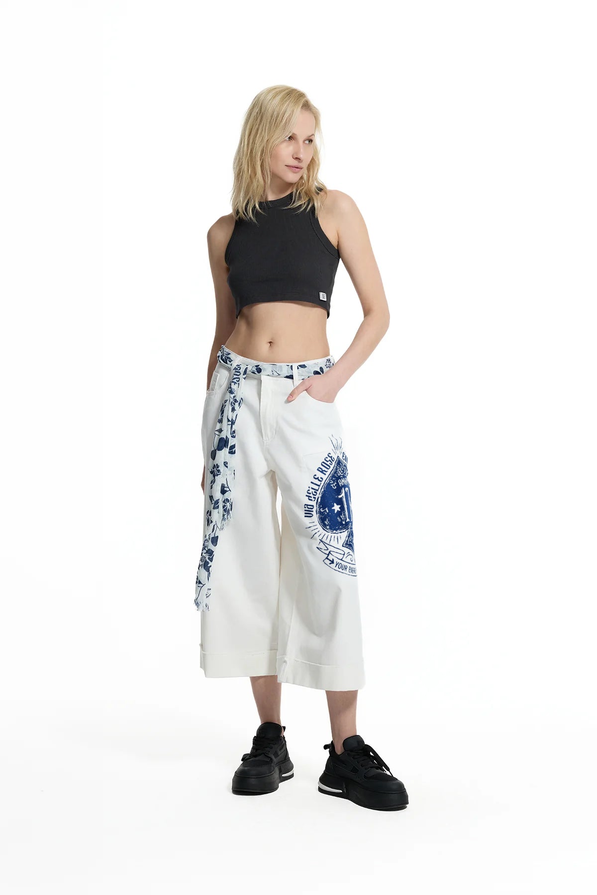 White Patch Print Belted Trousers