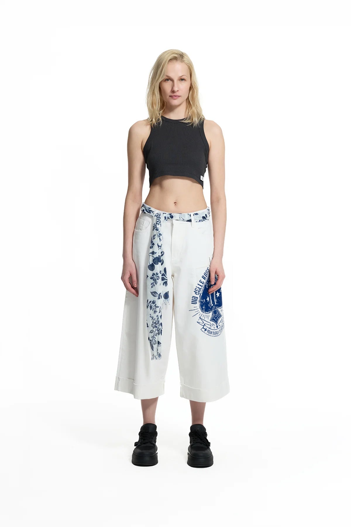 White Patch Print Belted Trousers