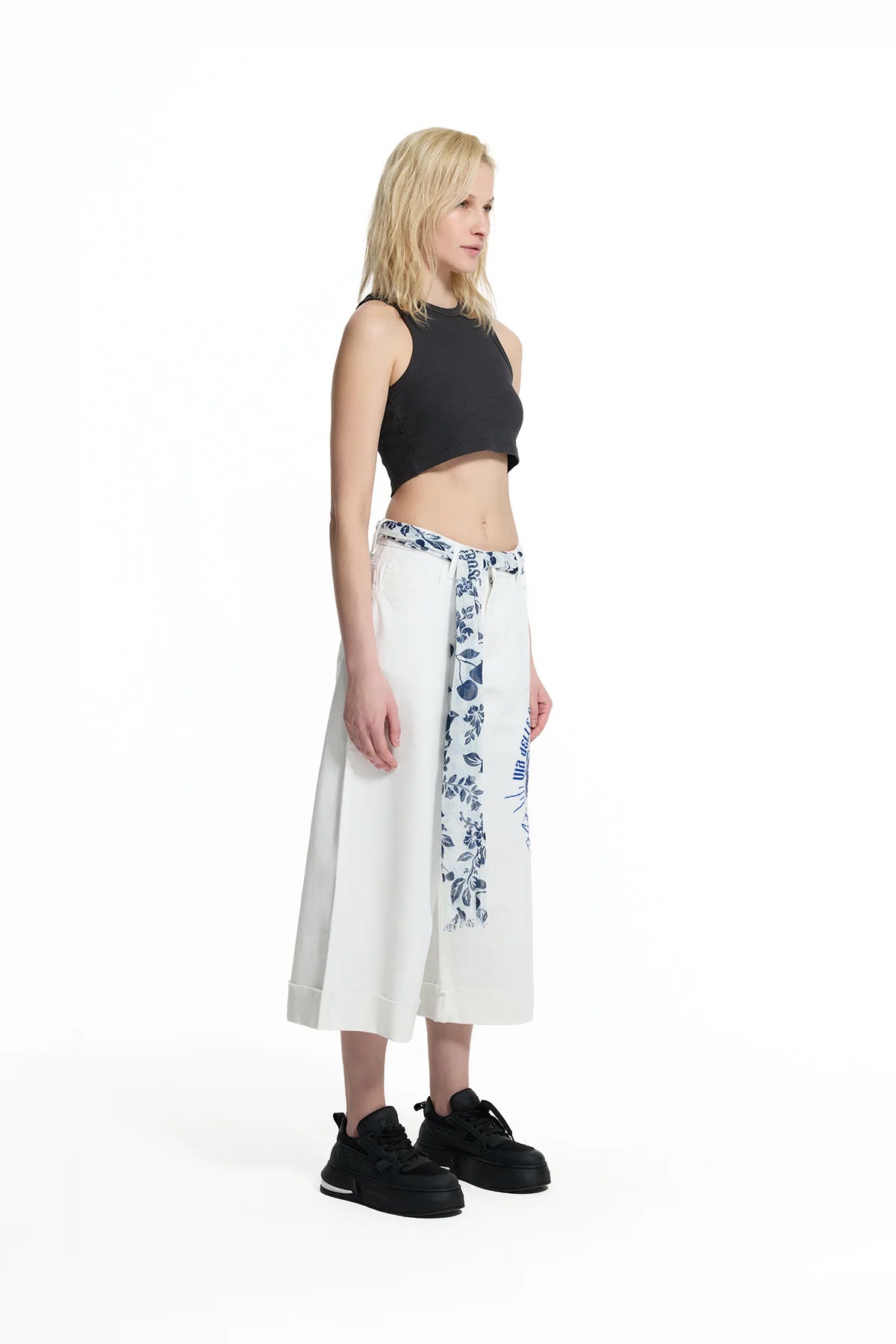 White Patch Print Belted Trousers