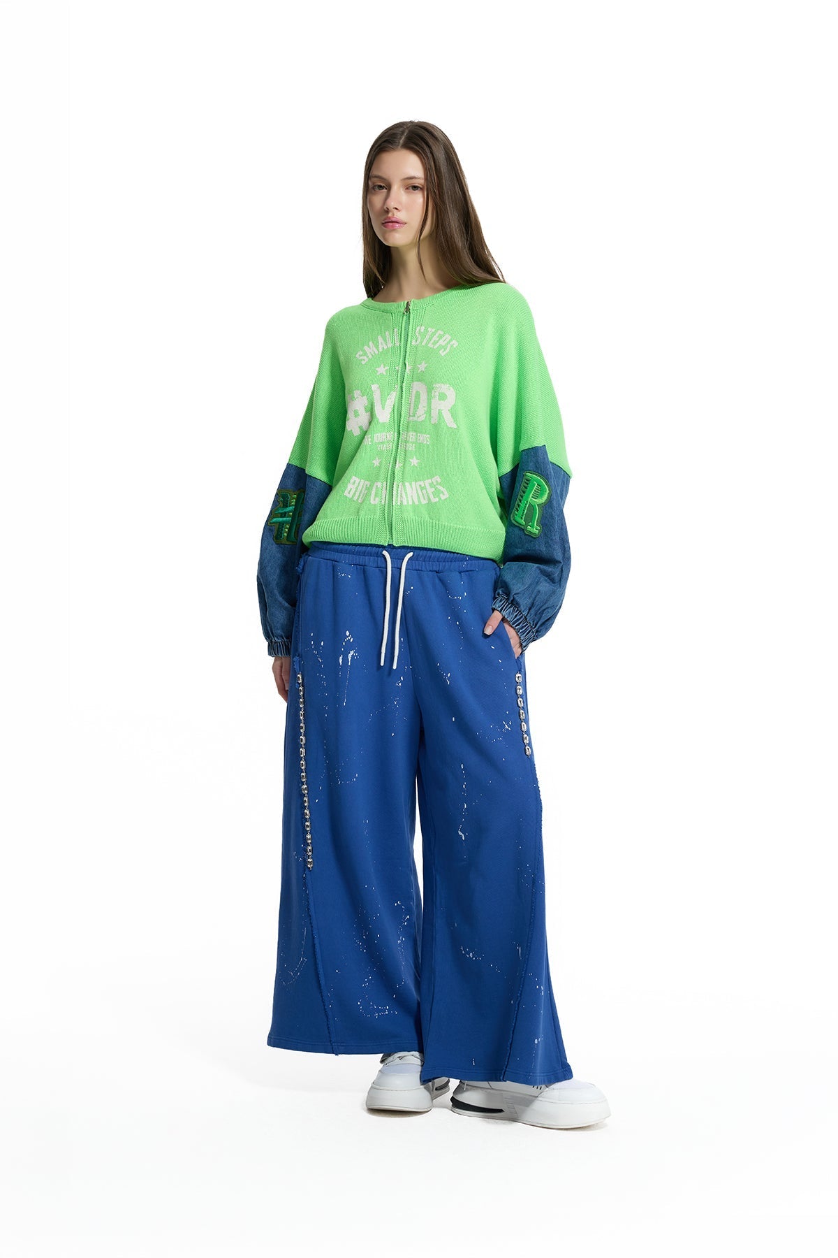 Royal Blue Paint-Effect Wide-Leg Trousers