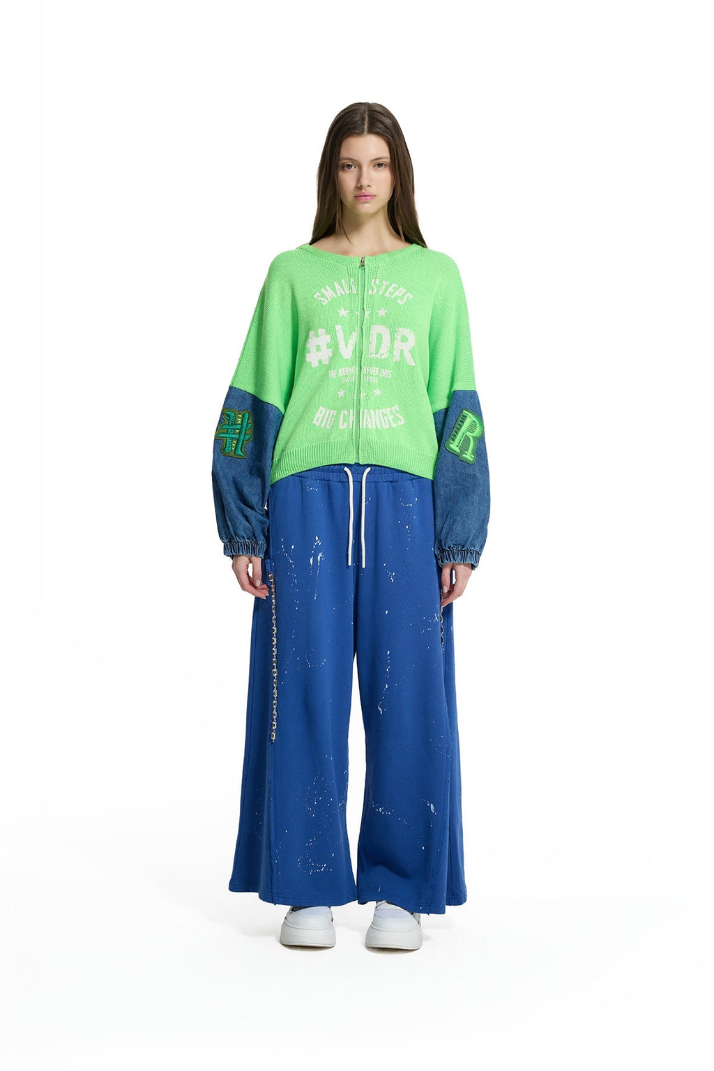 Royal Blue Paint-Effect Wide-Leg Trousers