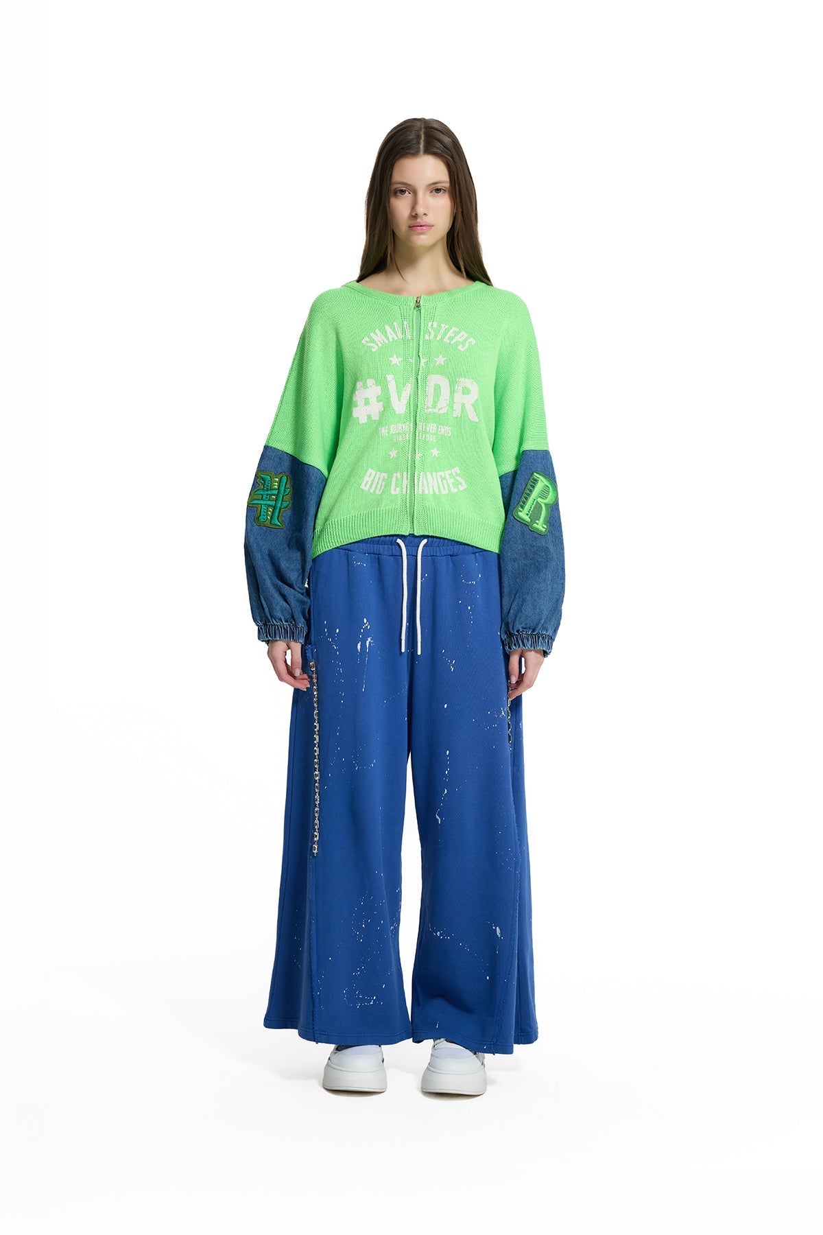 Royal Blue Paint-Effect Wide-Leg Trousers