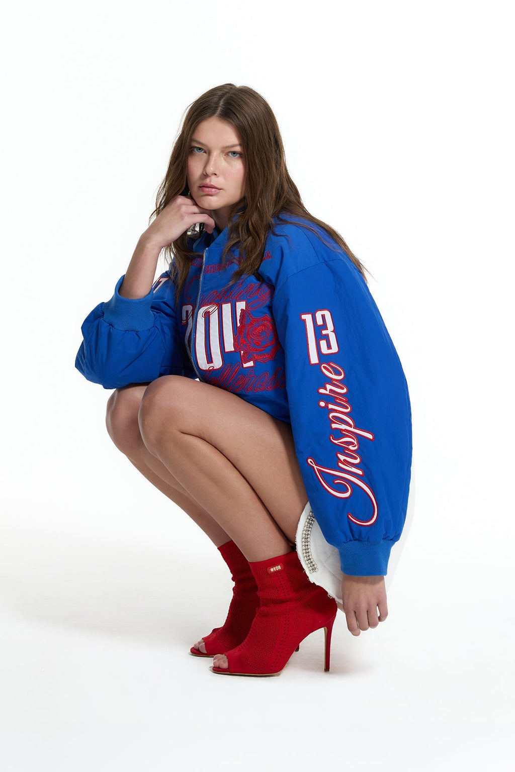 Chaqueta Bomber Estampada con Cremallera Azul Royal