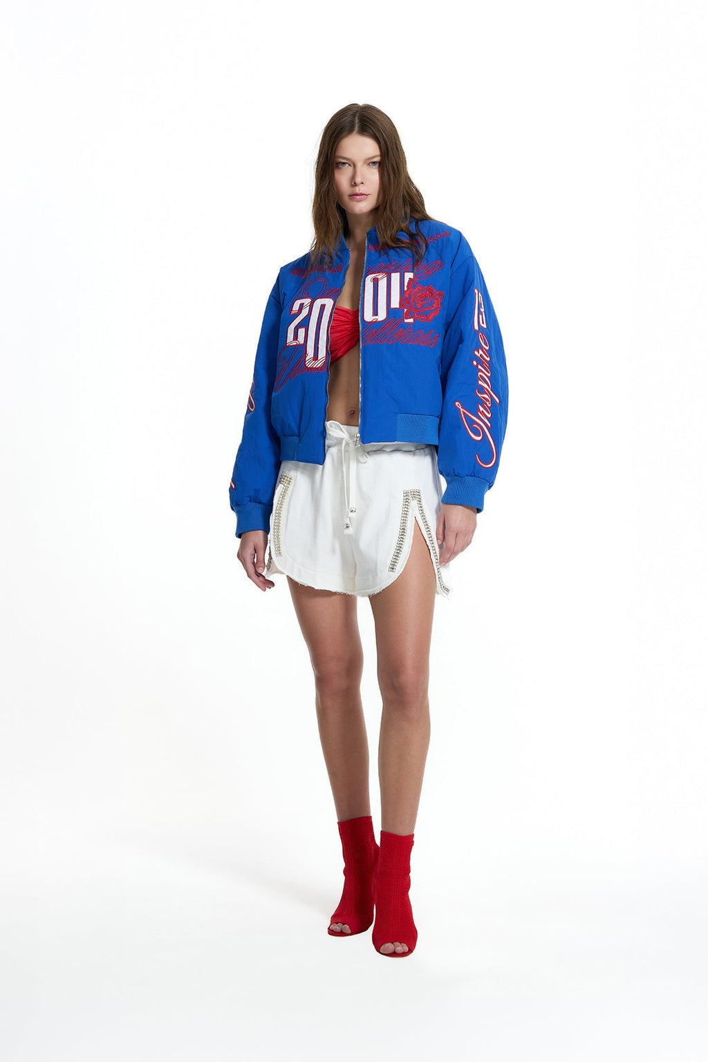 Chaqueta Bomber Estampada con Cremallera Azul Royal