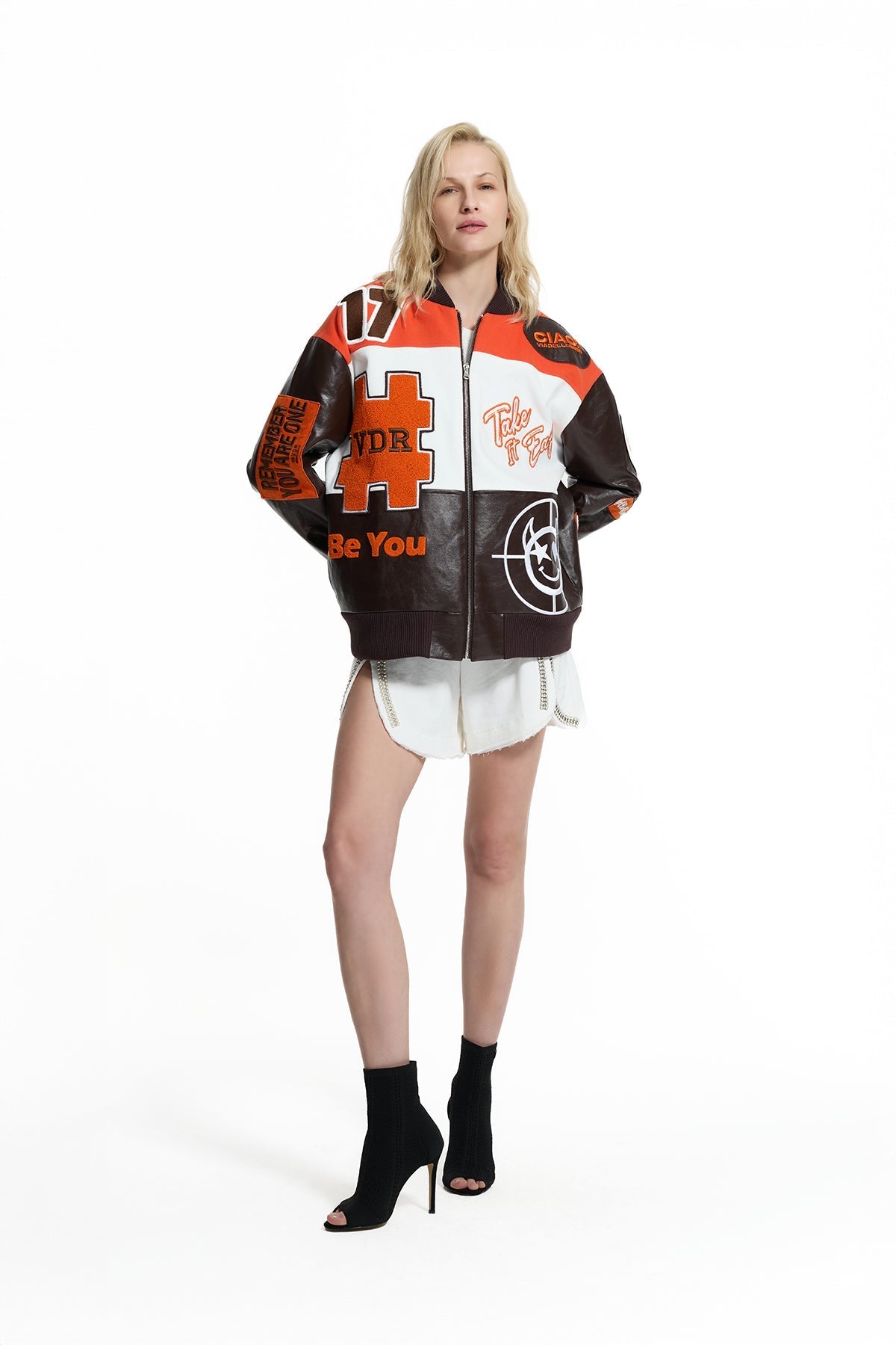 Chaqueta Bomber con Parches Marrón y Naranja