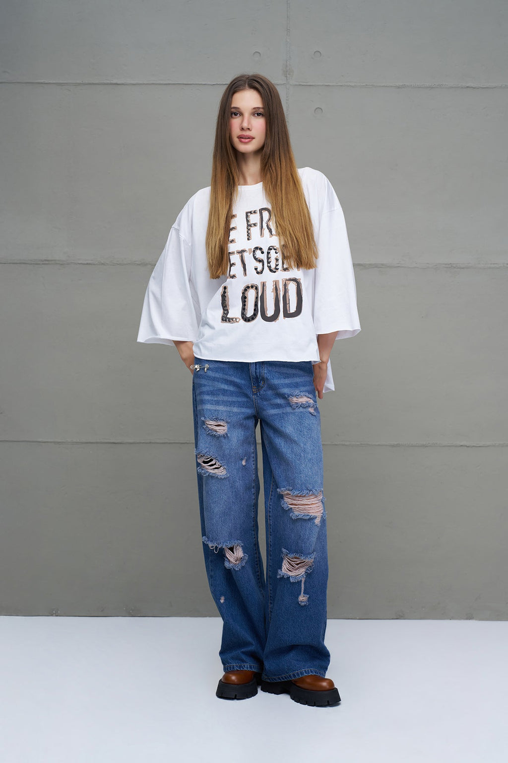 Pantalón Vaquero Oversize Desgastado Azul