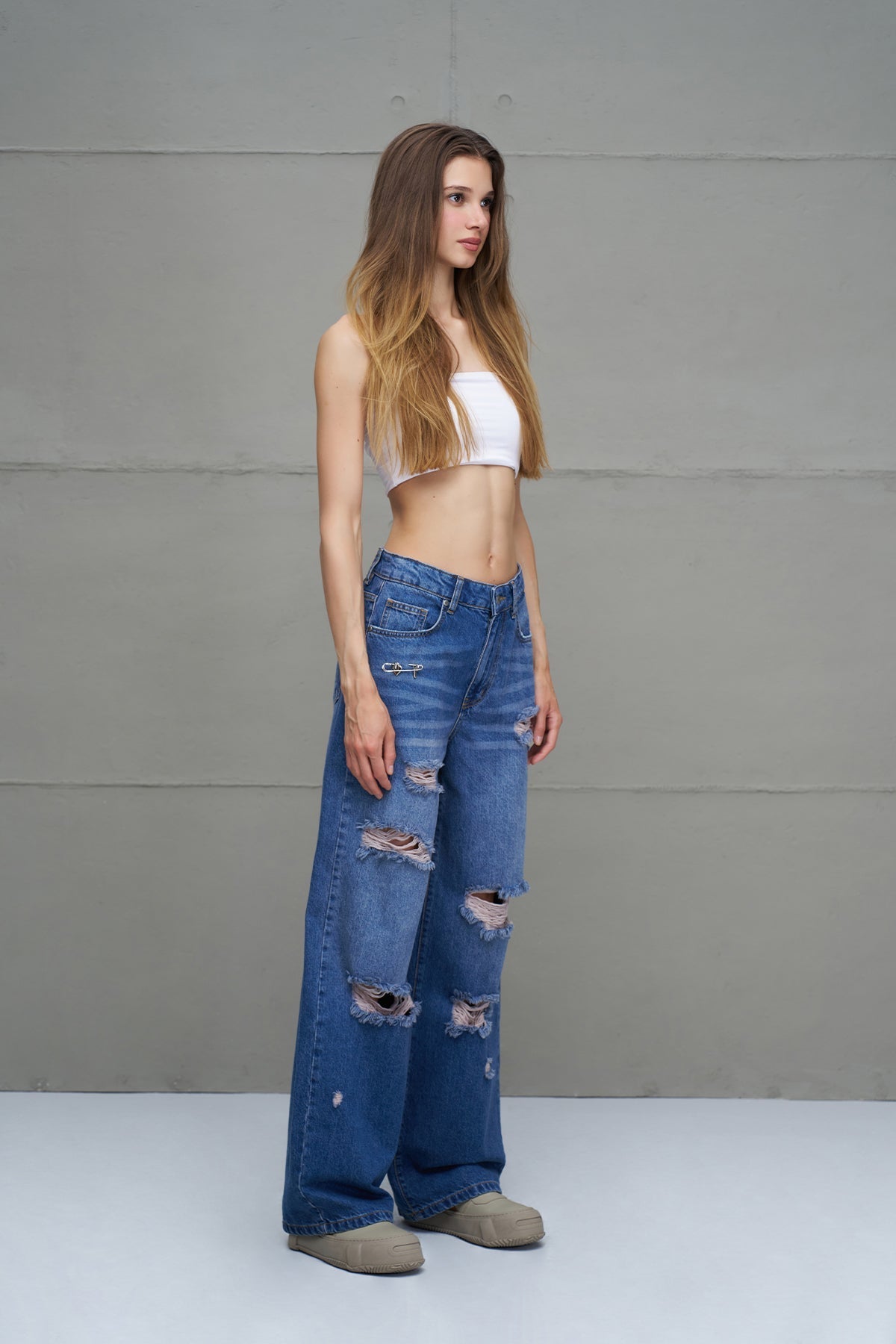Blue Distressed Oversized Jeans